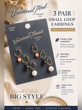 Universal Thread Gold Hoop Earrings with Pink, Black, White Beads - 3 Pair Set